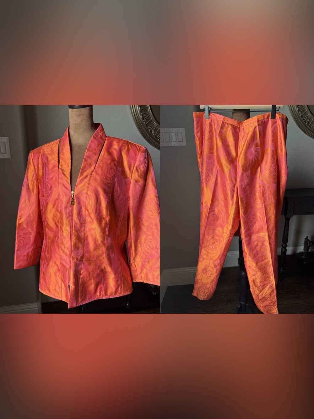Carlisle VTG Silk Jacquard Floral Brocade Pant Suit Pink Coral Size 16 NWT